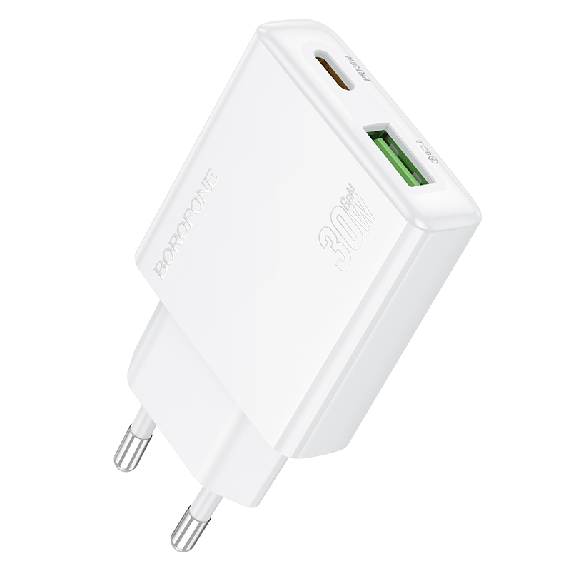 Borofone Lādētājs BN25 Wish (Ultra Thin) - USB + Type-C - PD QC 3.0 30W balts