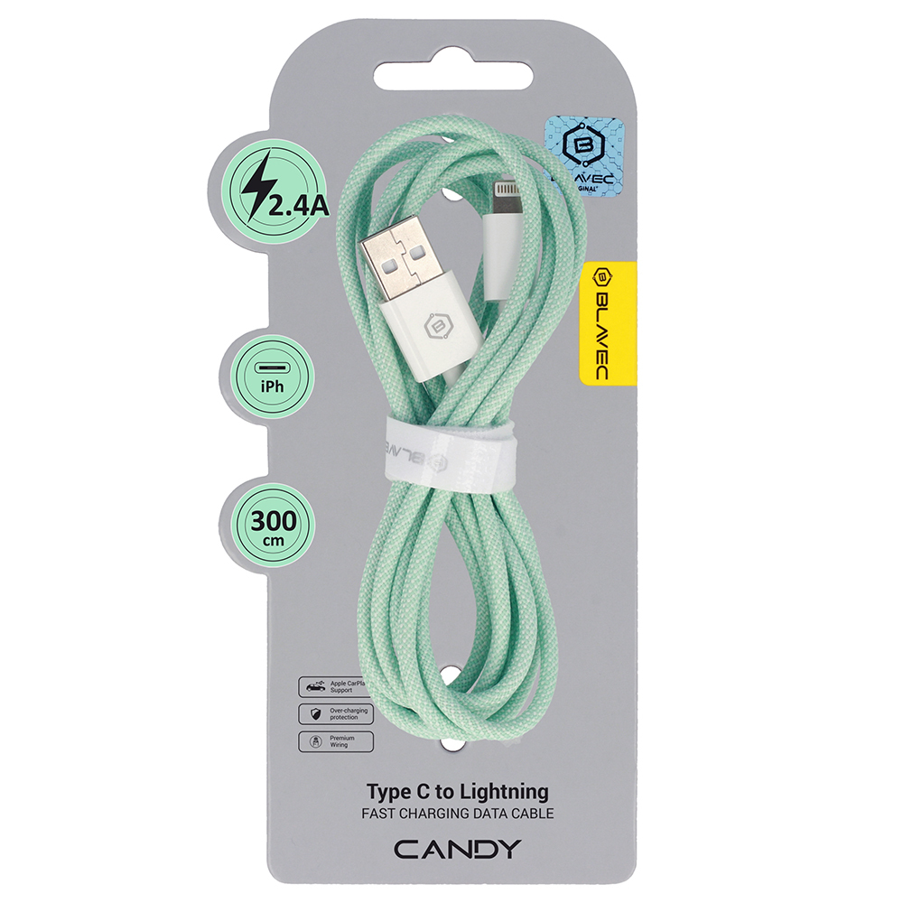 Blavec Kabelis Candy pīnēts - USB uz Lightning - 2,4A 3 metri Apple CarPlay (CCA-UL24GN30) zaļš