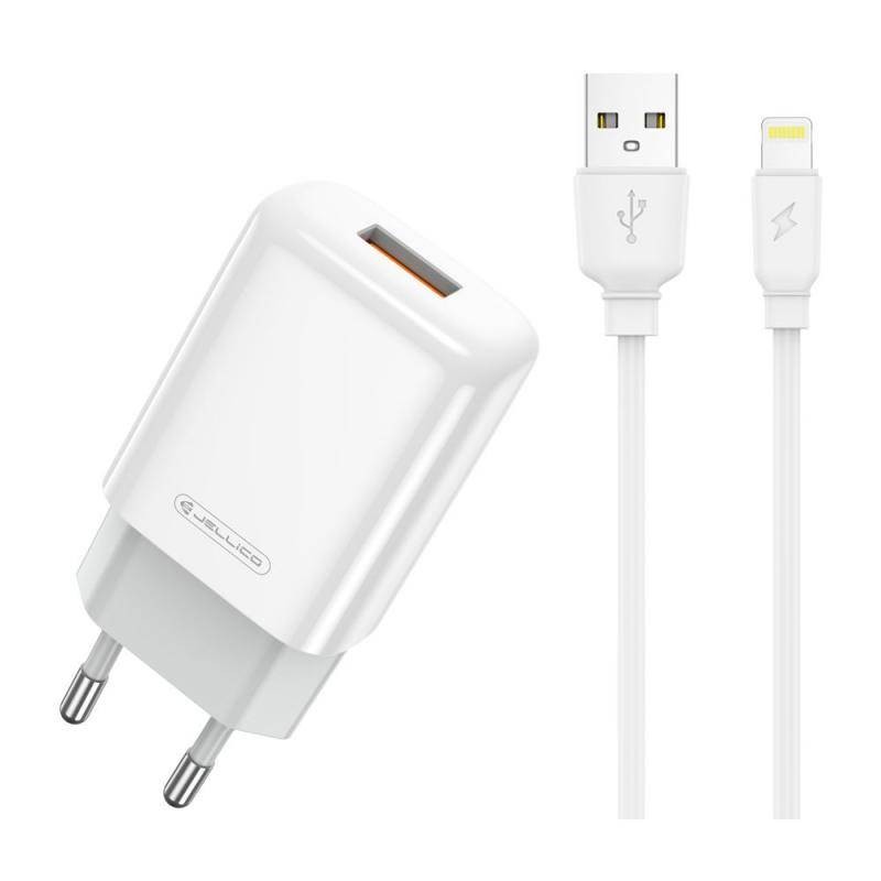 Lādētājs Jellico EU01 2.4A USB-A + USB-A uz Lightning kabelis 1.0m, balts