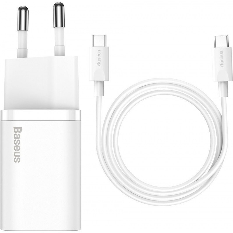 Baseus Si USB-C 25W 3A ātrās uzlādes lādētājs ar USB-C / USB-C 1m kabeli - balts