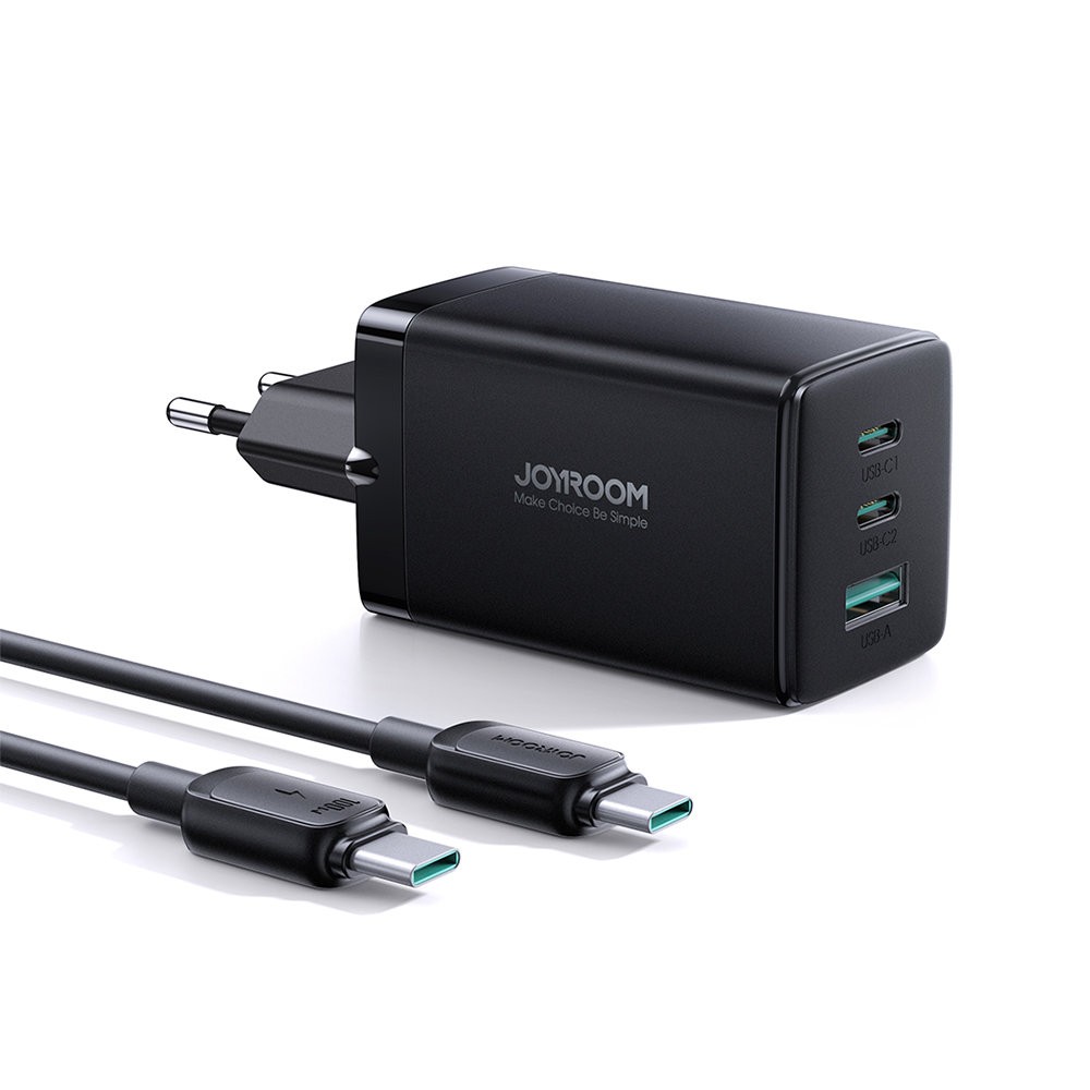 Joyroom ātrais GaN lādētājs 65W USB-A, 2x USB-C melns + USB-C - USB-C kabelis 100W 1.2m (TCG01)