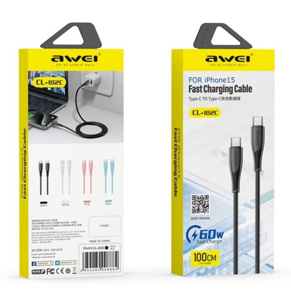 USB kabelis Awei CL-182i USB-C uz Lightning 1.0m, balts