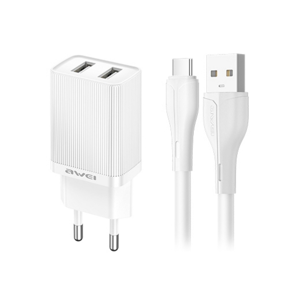 Lādētājs Awei C15T-EU 10W 2xUSB-A + USB-A uz USB-C kabelis 1.0m balts