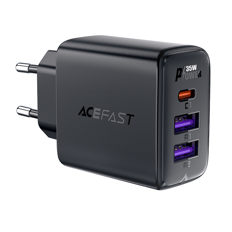 Acefast A57 PD 35W GaN lādētājs 2 x USB-A + USB-C ar 3 pieslēgvietām - melns