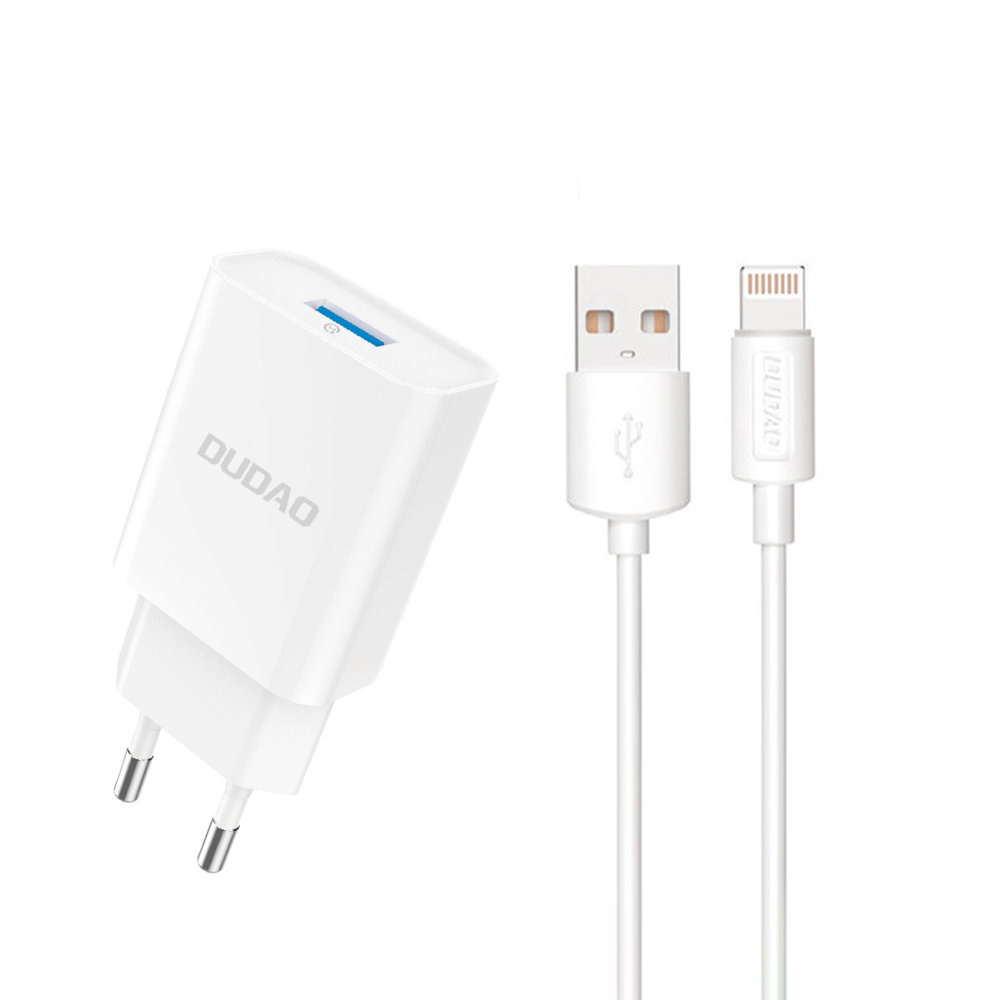 Dudao A4EU USB-A 2.1A sienas lādētājs - balts + USB-A - Lightning kabelis