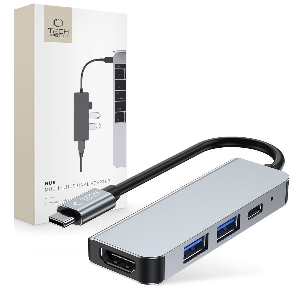 HUB Tech-Protect V2 4in1 USB-C - USB-A 3.0 / USB-A 2.0 / USB-C / HDMI - pelēks