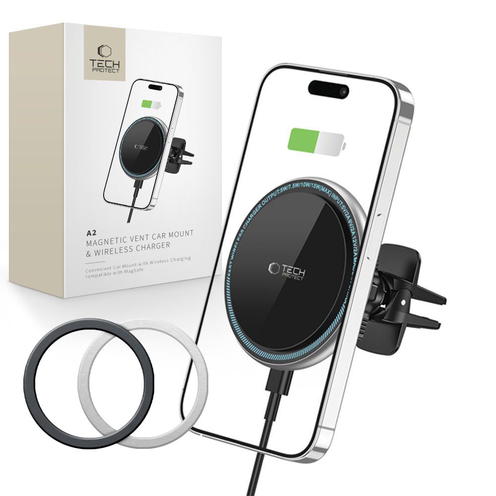 Tech-Protect A2 automašīnas tālruņa turētājs ar MagSafe 15W indukcijas lādētāju gaisa ventilācijas režģim - melns