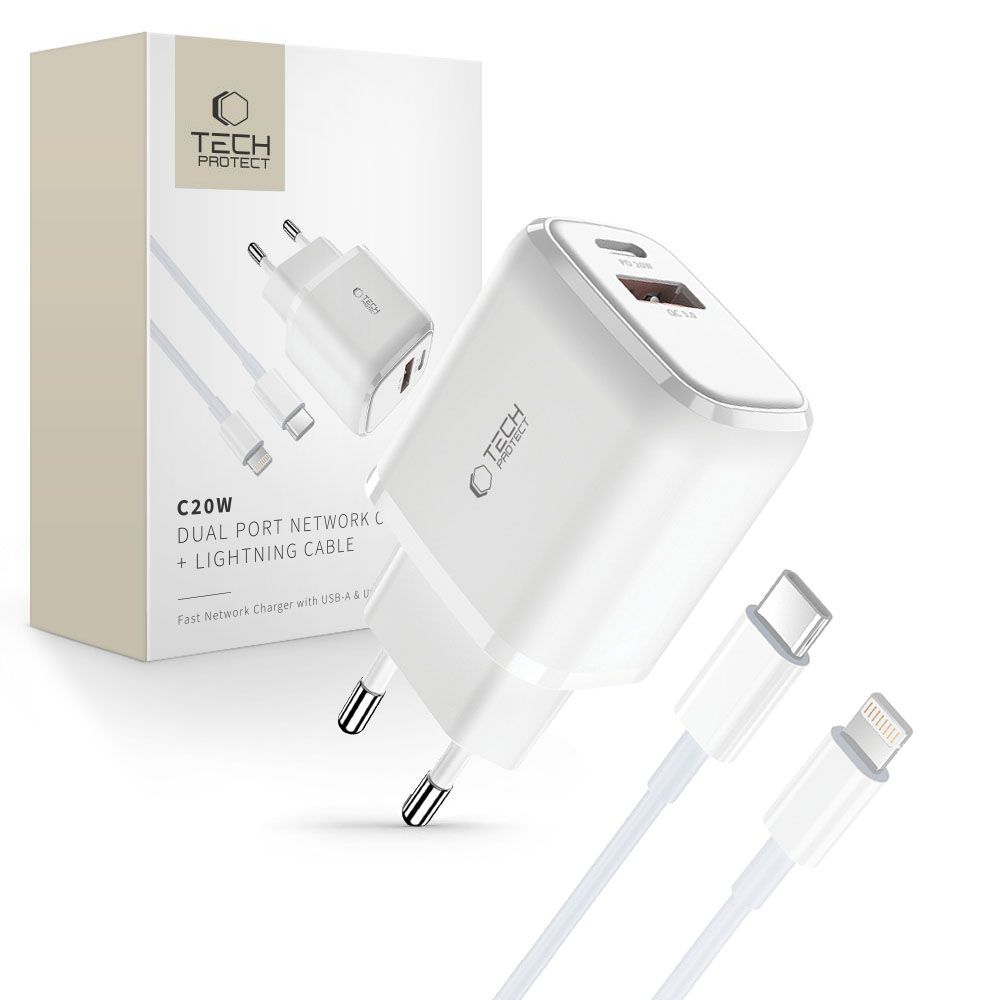 Tech-Protect C20W USB-C PD 20W / USB-A QC 3.0 lādētājs ar USB-C / Lightning kabeli - balts