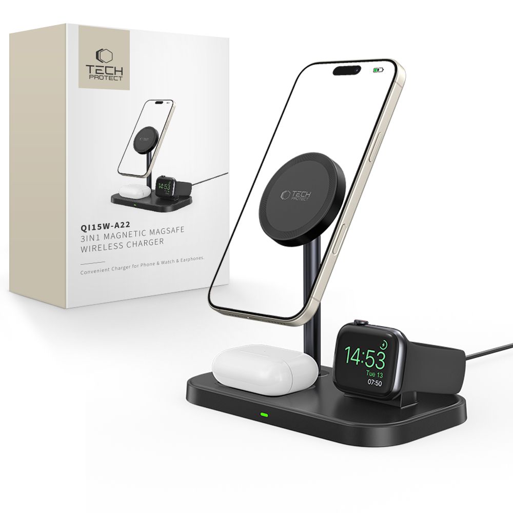 Tech-Protect QI15W-A22 MagSafe indukcijas lādētājs ar 3in1 MagSafe statīvu viedtālrunim / Apple Watch / AirPods - melns