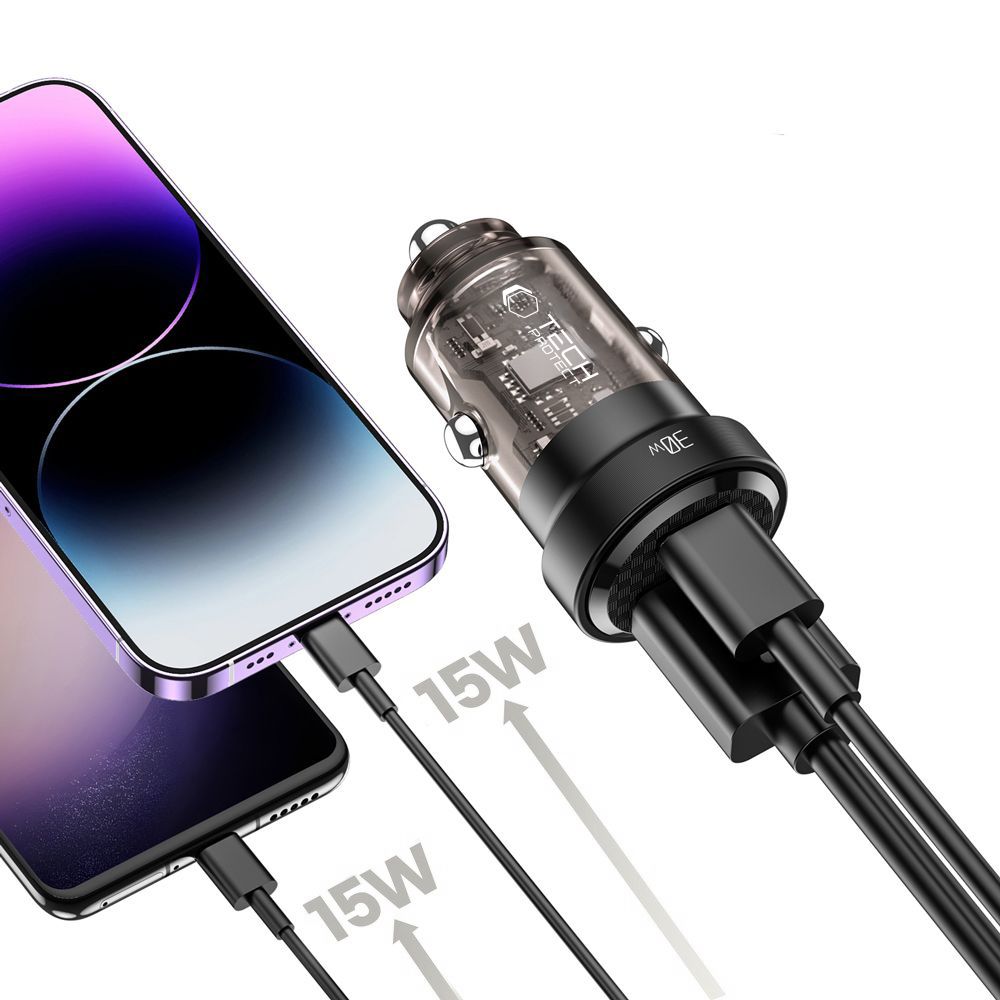 Tech-Protect CC30W automašīnas lādētājs USB-C PD 30W / USB-A QC 3.0 - melns