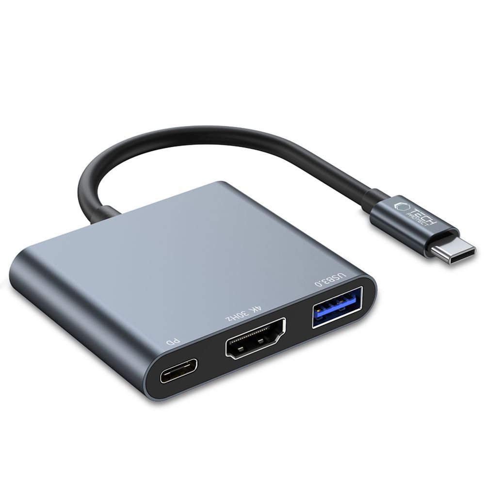 HUB Tech-Protect V1 3in1 USB-C - USB-A 3.0 / USB-C PD 100W / HDMI 4K 30Hz - pelēks