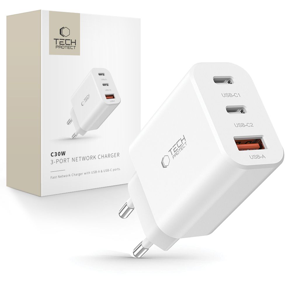 Tech-Protect NC30W lādētājs 2x USB-C PD 30W / USB-A QC 3.0 - balts