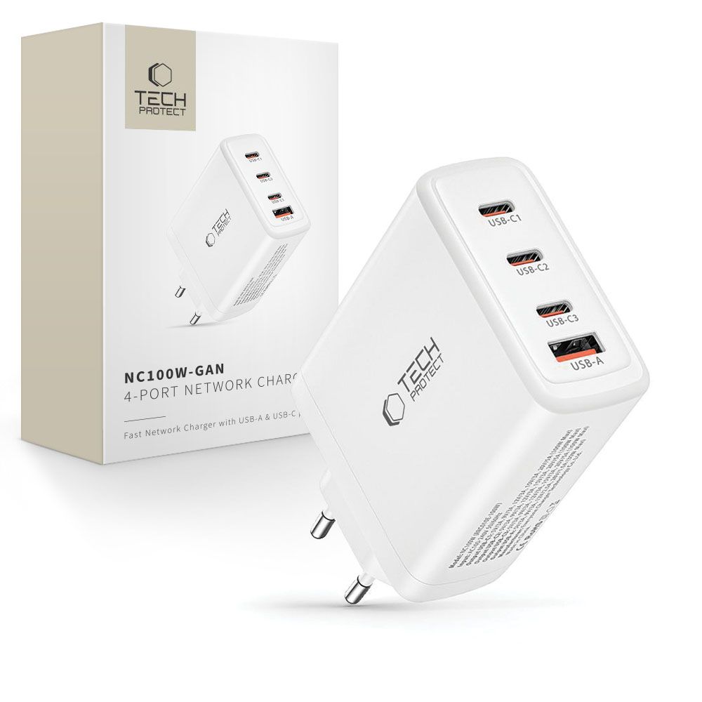 Tech-Protect NC100W-GAN lādētājs GaN 3x USB-C PD 100W / USB-A QC 3.0 - balts
