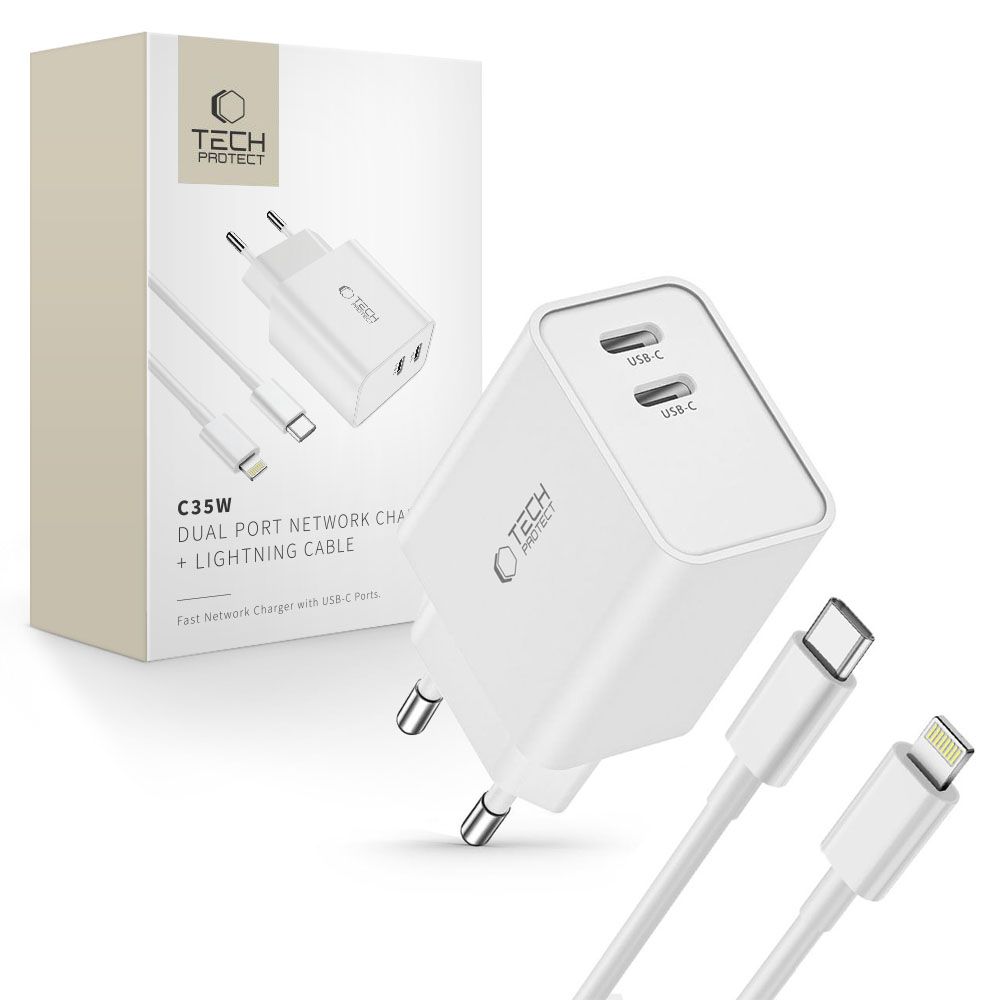 Tech-Protect C35W 2x USB-C PD 35W sienas lādētājs ar USB-C / Lightning kabeli - balts