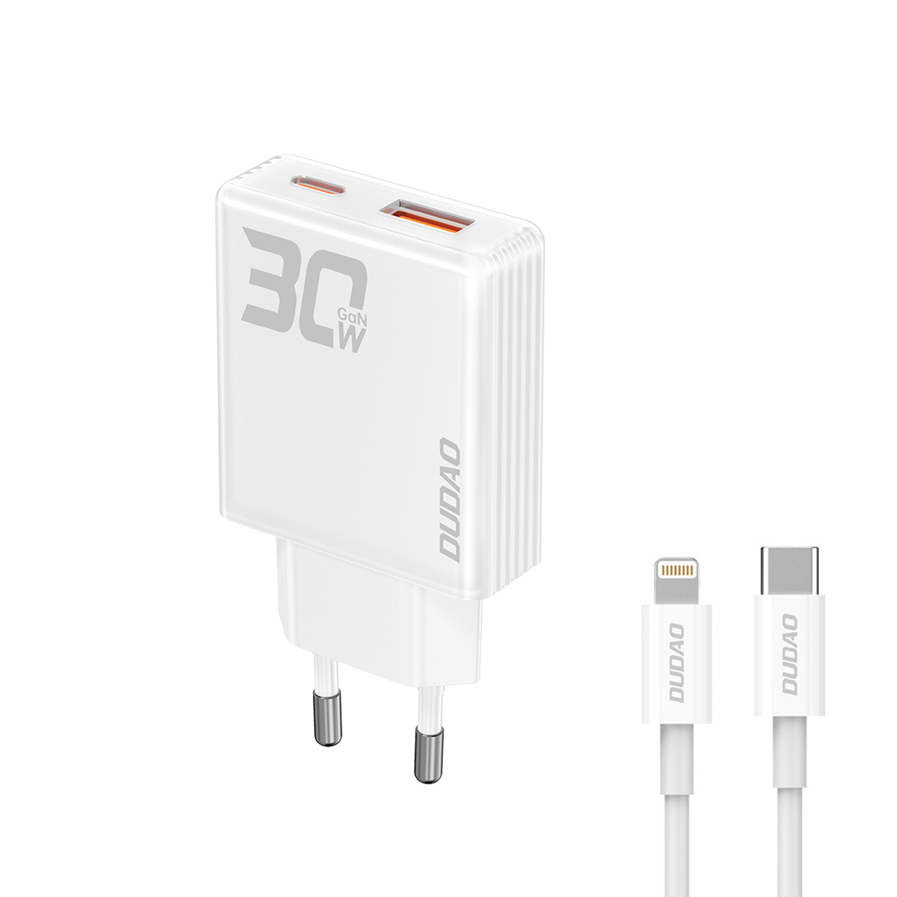 GaN Dudao A30EUL 30W USB-A / USB-C sienas lādētājs + USB-C - Lightning kabelis - balts