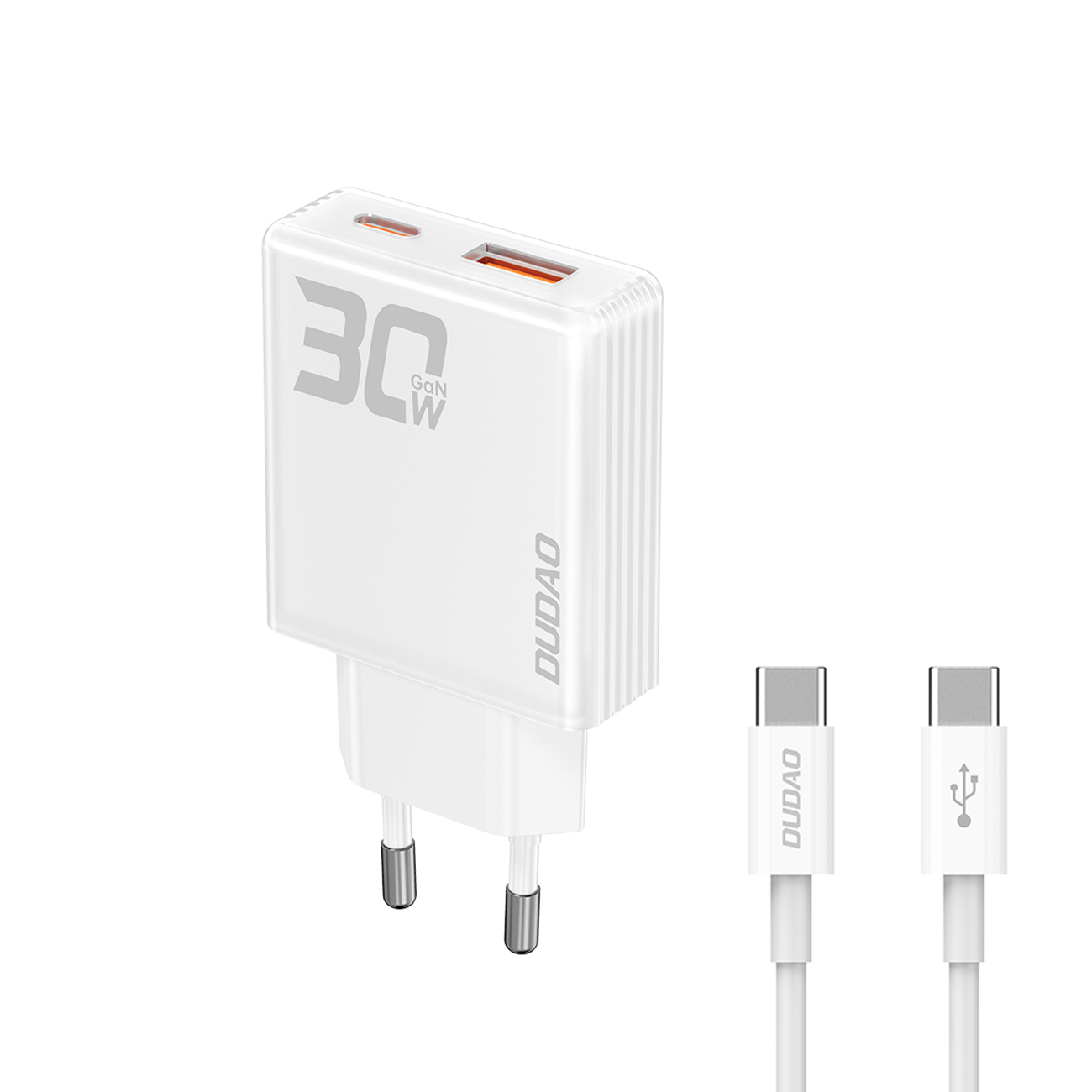 GaN Dudao A30EUT 30W USB-A / USB-C sienas lādētājs + USB-C - USB-C kabelis - balts