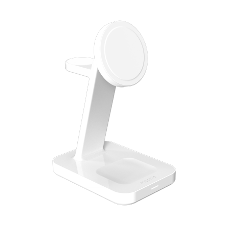 ZAGG Mophie Snap+ 3-in-1 Qi2 bezvadu lādētājs ar statīvu trim ierīcēm, saderīgs ar MagSafe un Qi2 – balts