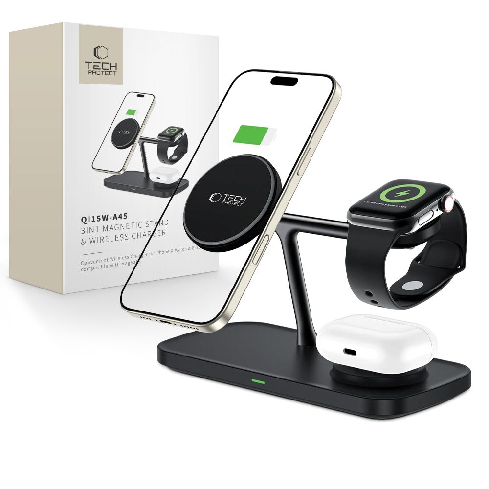 Tech-Protect QI15W-A45 3in1 bezvadu lādētājs ar MagSafe Apple ierīcēm - melns