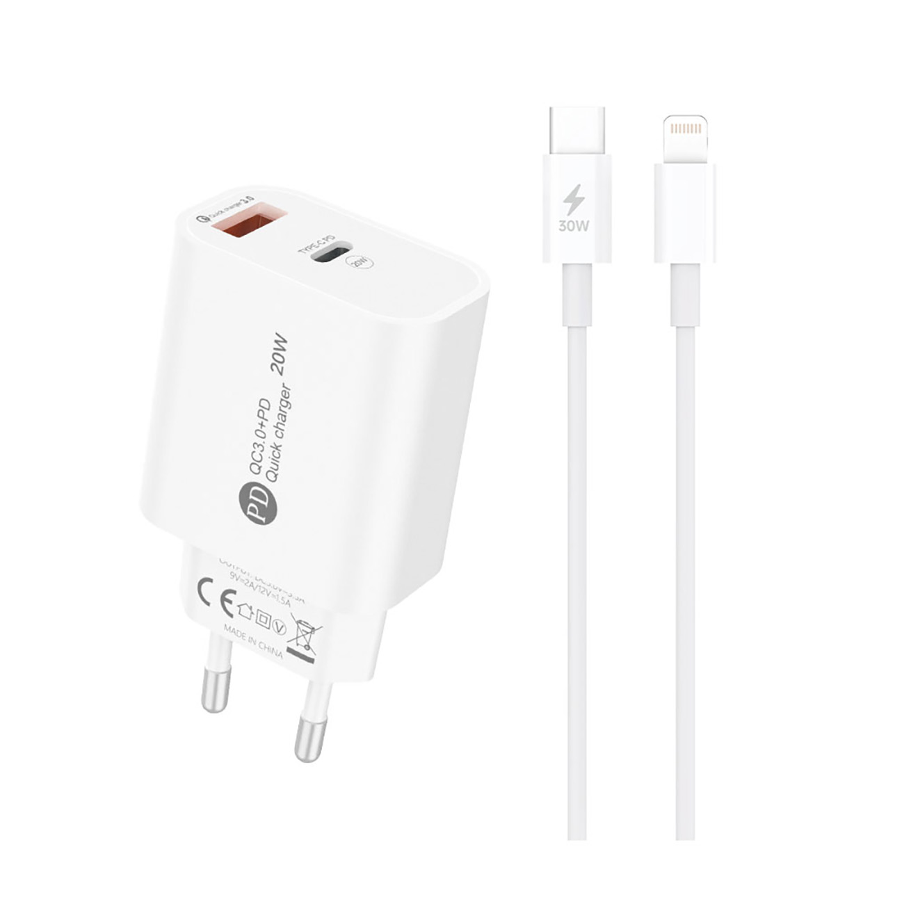 A6MaxL 20W USB-A USB-C sienas lādētājs ar 1m USB-C - Lightning kabeli – balts