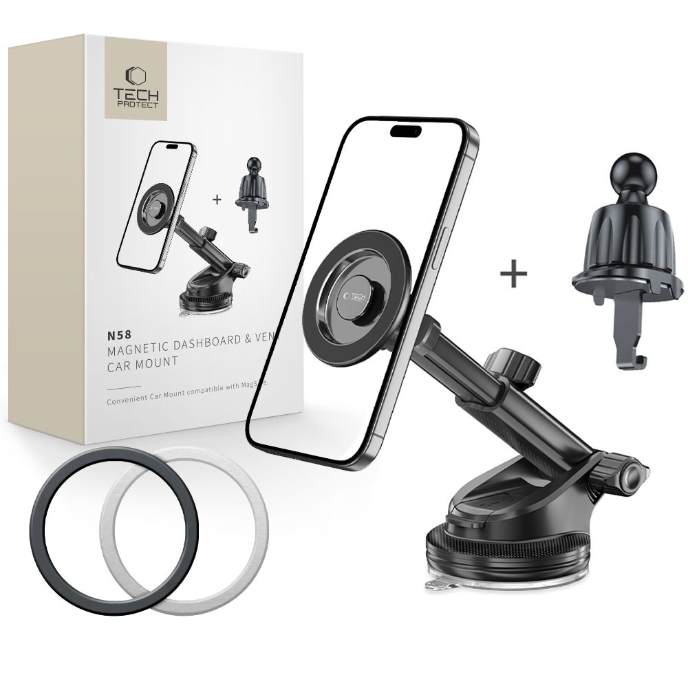 Tech-Protect N58 Magnetic MagSafe turētājs automašīnas kabīnai, vējstiklam vai ventilācijas atveres stiprinājumam - melns