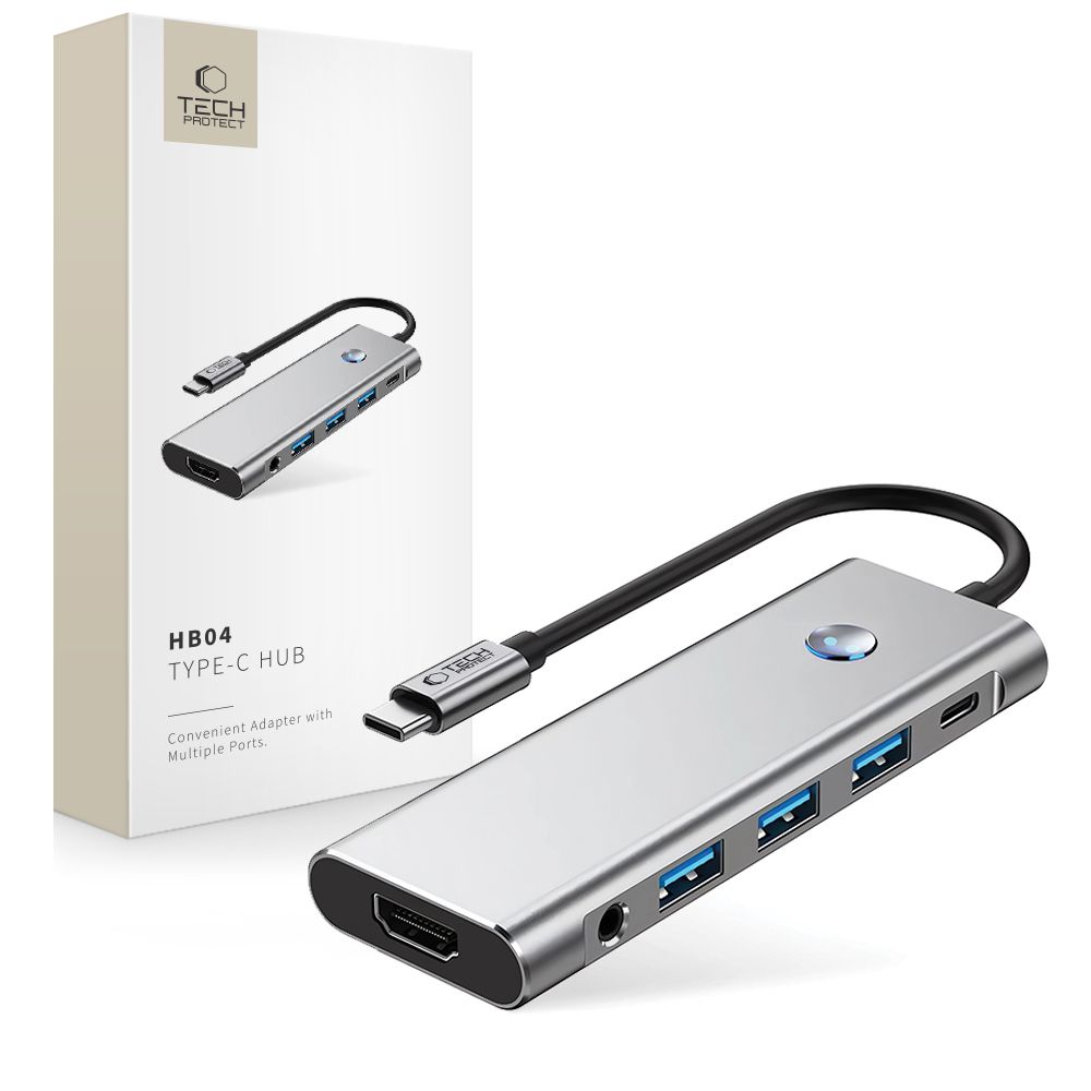 Tech-Protect HB04 HUB adapteris 9in1 USB-C + USB2.0 + USB3.0 + HDMI 4K 60Hz + SD / TF + PD100W + AV3.5 - pelēks