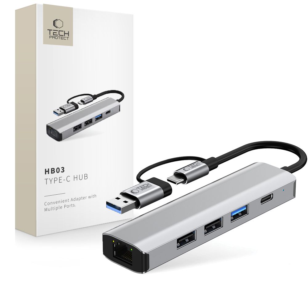 Tech-Protect HB03 HUB adapteris 5in1 USB-C + USB2.0 + USB3.0 + RJ45 - pelēks