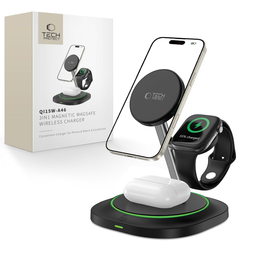 Tech-Protect QI15W-A46 3in1 magnētiskais induktīvais lādētājs MagSafe - melns