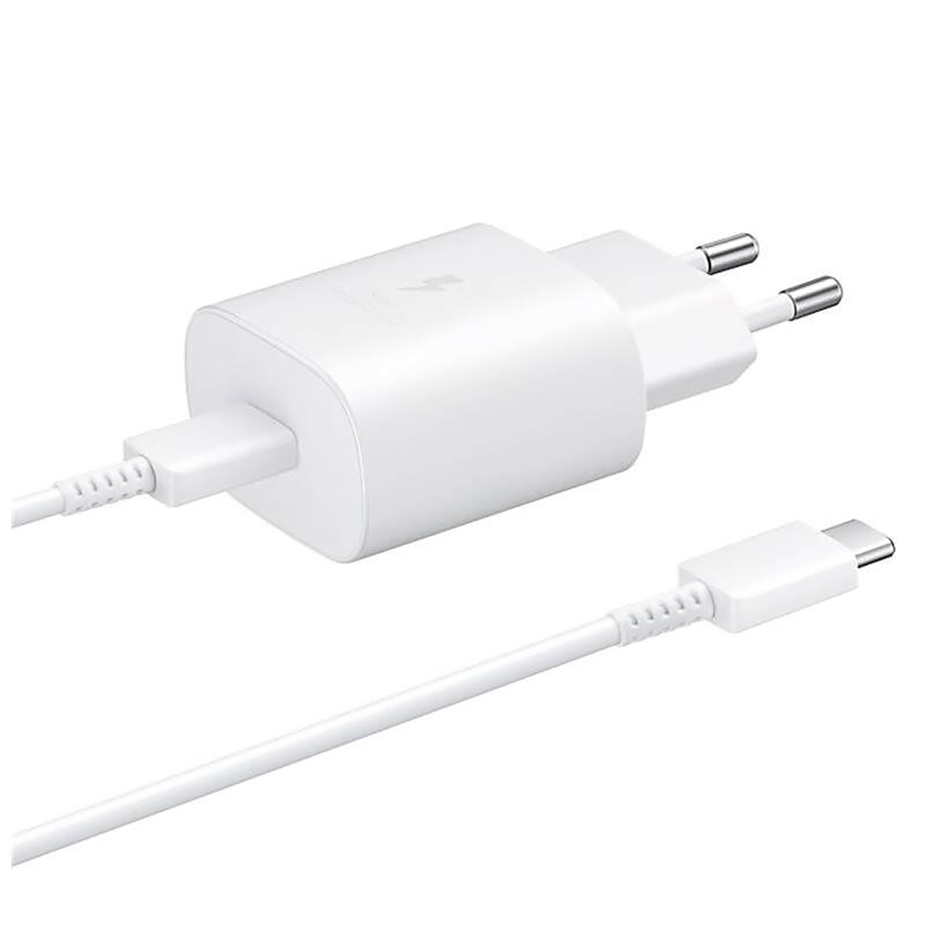 Samsung 25W EP-TA800EWE USB-C sienas lādētājs ar Samsung EP-DA705BWE USB-C / USB-C kabeli rezerves iepakojumā - balts
