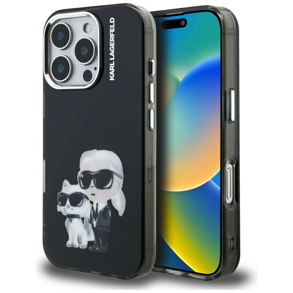 Karl Lagerfeld IML Aquarelle Karl & Choupette & Logo iPhone 16 Pro macins - melns
