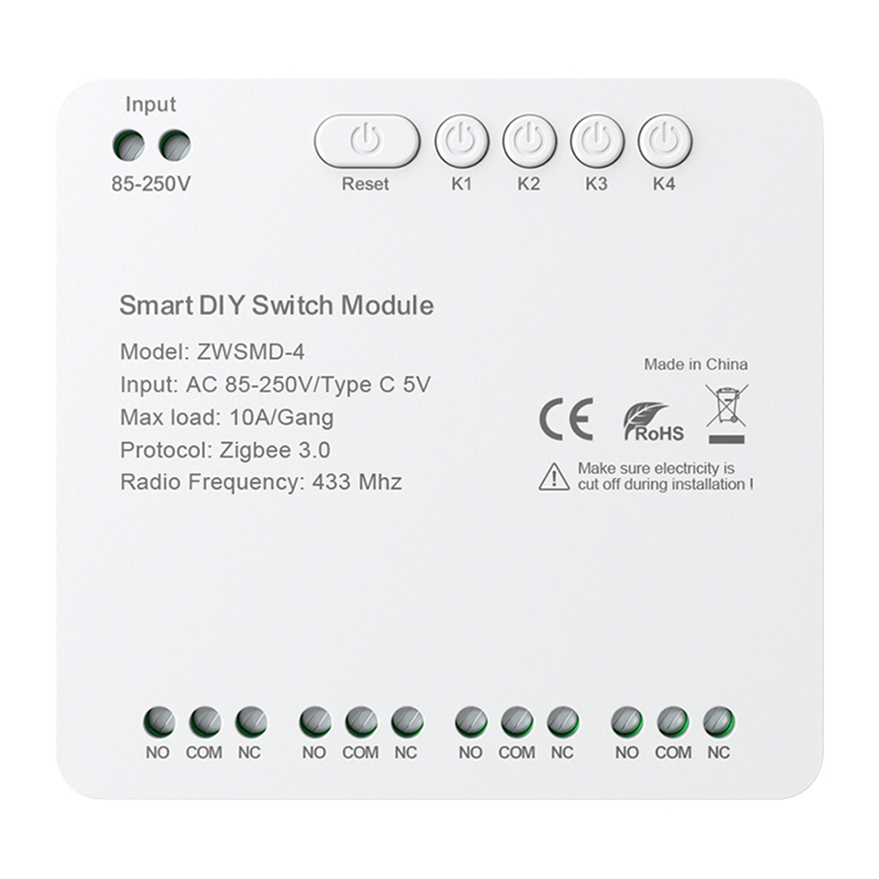 ZigBee 4 kanālu slēdža modulis ar bezspensiumu DC 32V kontaktu Avatto ZWSMMD-4-250V