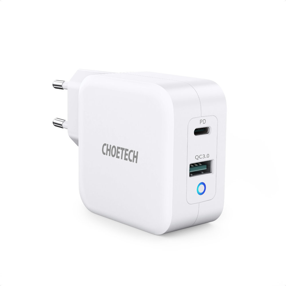 Choetech ātrais GaN sienas lādētājs USB Type C PD USB-A QC3.0 65W 3,25A balts (PD8002)