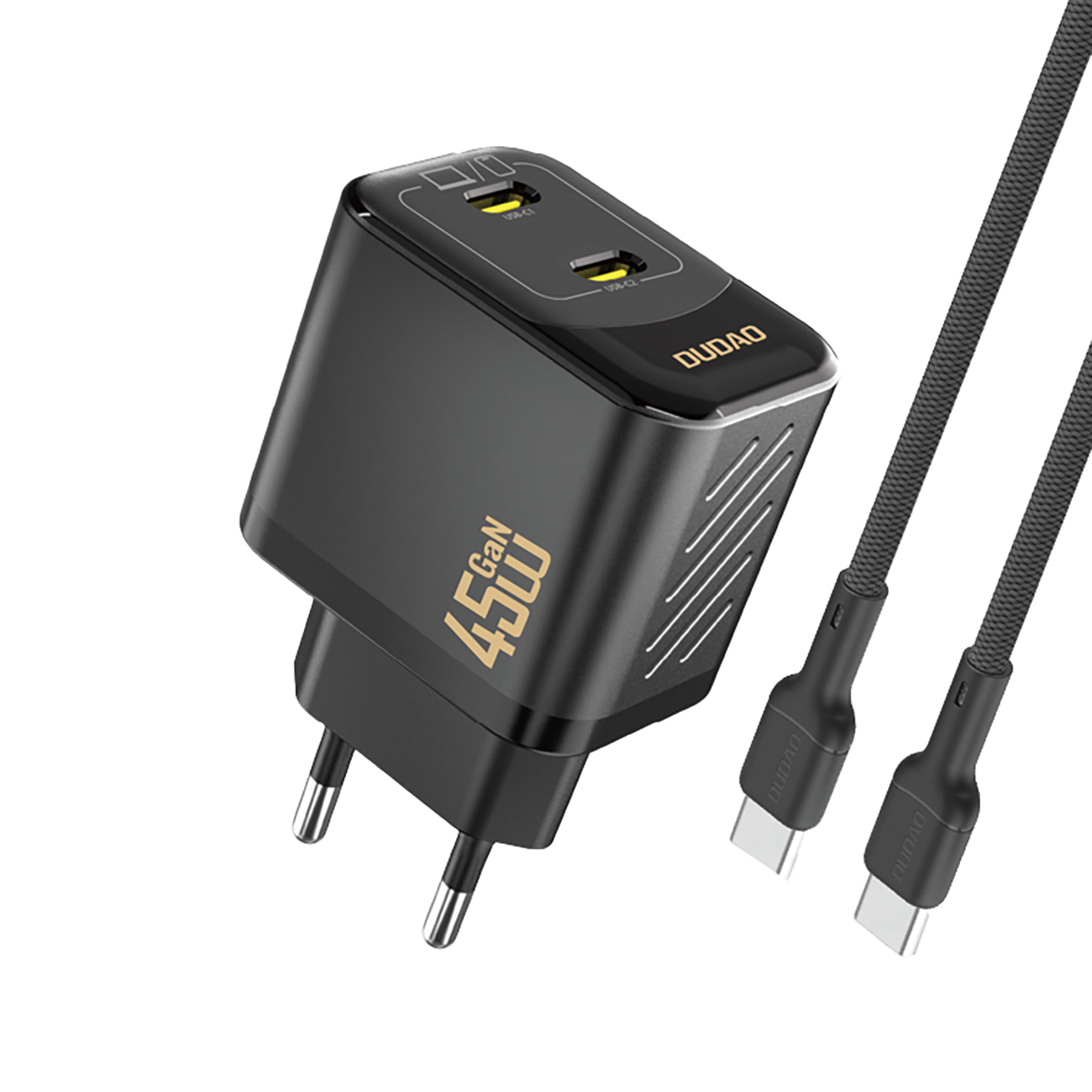 Dudao A28PCEU PD 45W GaN 2xUSB-C Wall Lādētājs with USB-C Kabelis - Melns