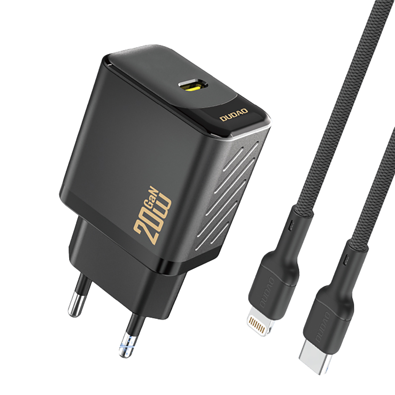 Dudao A26LEU PD 20W GaN USB-C Wall Lādētājs with USB-C to Lightning Kabelis - Melns