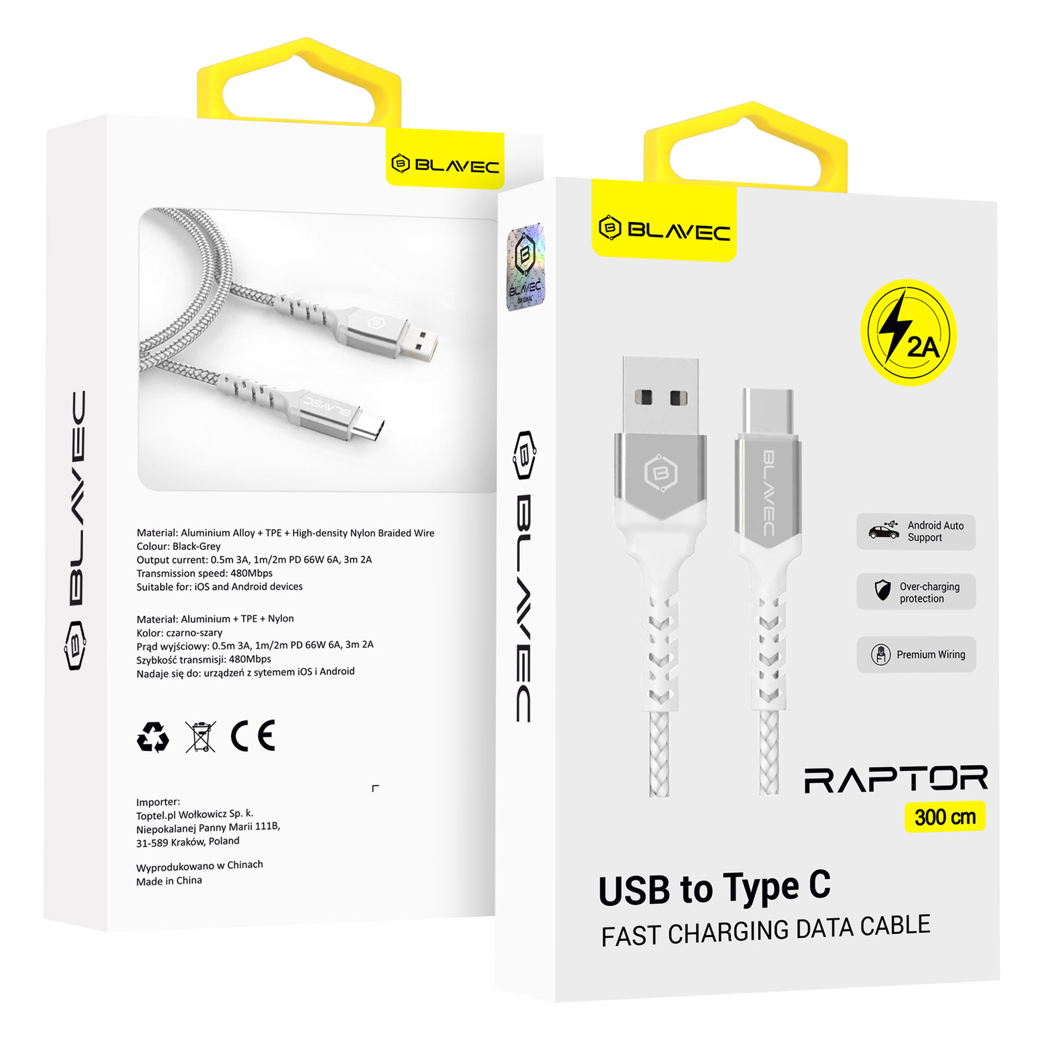 Blavec Raptor kabelis Raptor - USB uz C tipa - 2A 3 metri Apple CarPlay/Android Auto (CRA-UC2WS30), balts-sudrabots