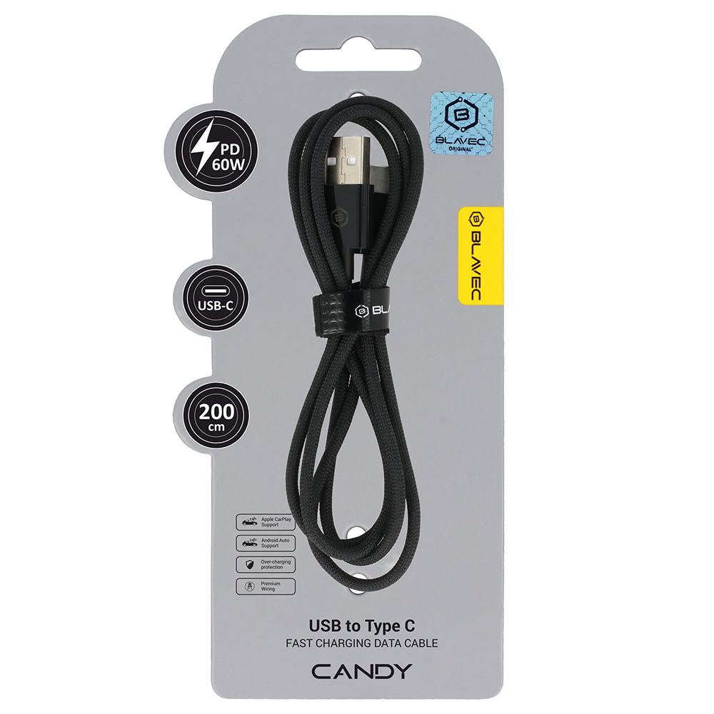 Blavec Candy kabelis ar C tipa USB - PD 60W 3A 2 metri Apple CarPlay/Android Auto (CCA-UC3B20) melns