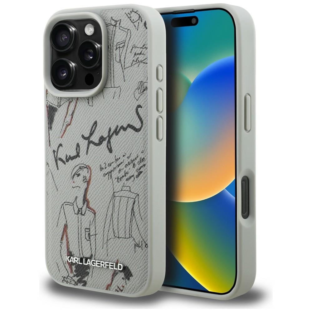 Karl Lagerfeld Grained Pattern & Logo MagSafe Maciņš for iPhone 16 Pro Max - pelēks