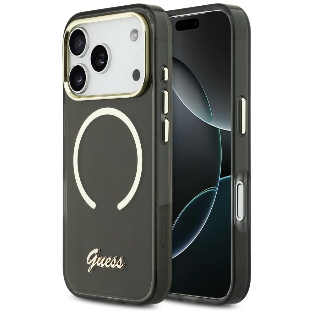 Guess IML Script Metal MagSafe Maciņš for iPhone 17 Pro - melns