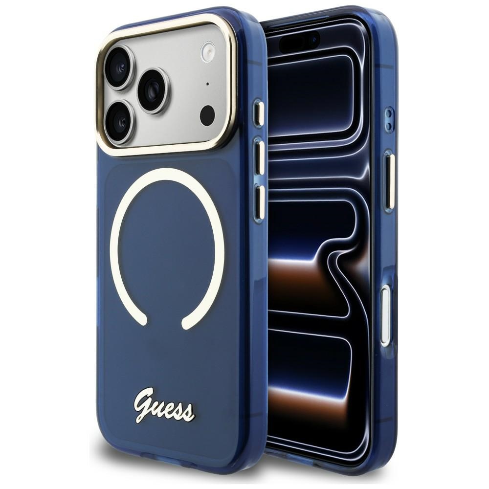 Guess IML Script Metal MagSafe Maciņš for iPhone 17 Pro Max - zils