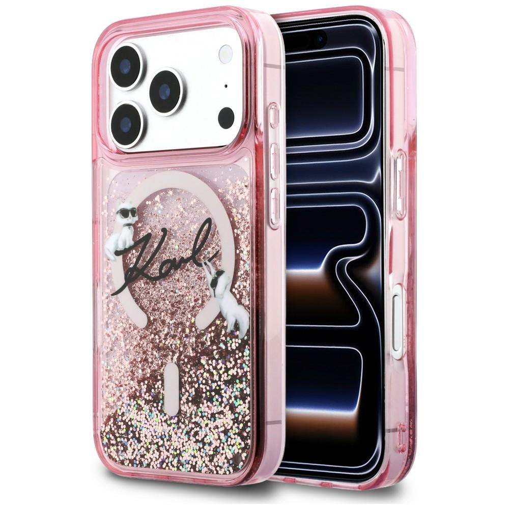 Karl Lagerfeld Liquid Glitter Karl Script Logo MagSafe Maciņš for iPhone 17 Pro Max - rozā