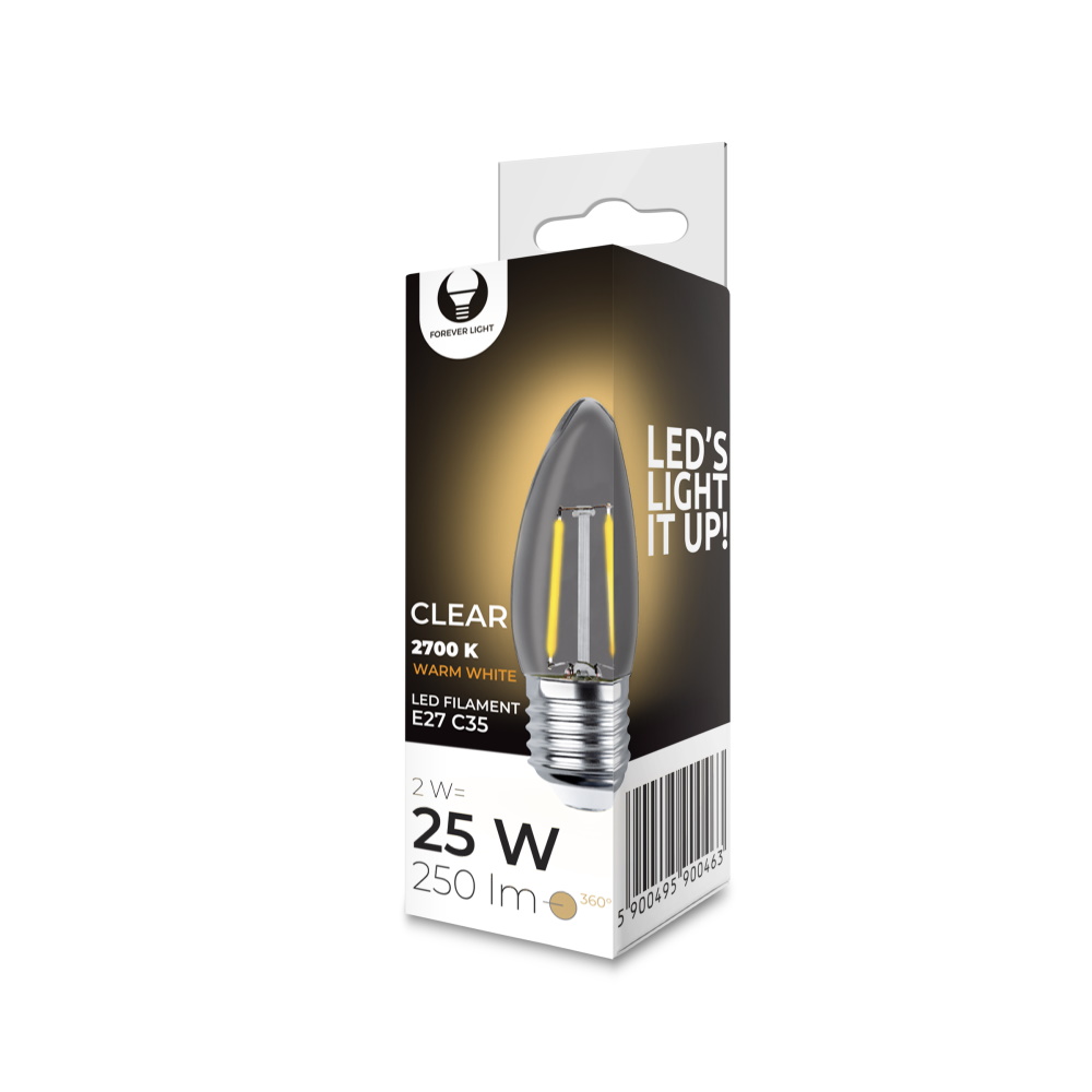 LED Bulb Filaments E27 C35 2W 230V 2700K 250lm COG clear Forever Light