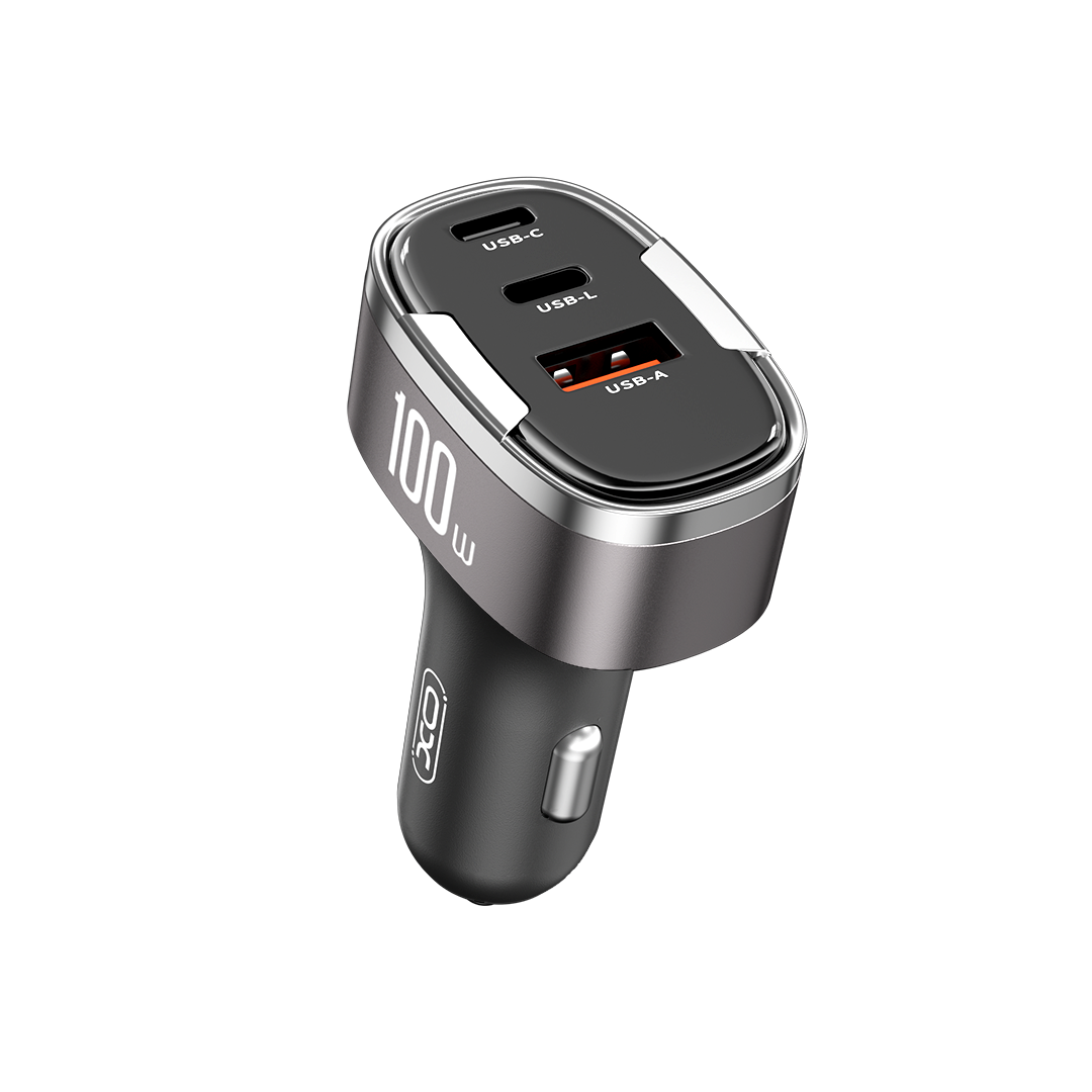 XO auto lādētājs CC61 PD QC 3.0 100W 1x USB 1x USB-C 1x Lightning pelēks