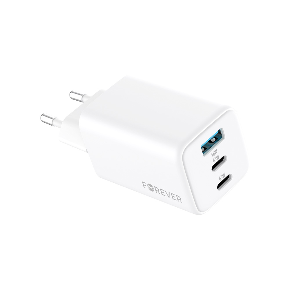 Forever TC-08-65ACC GaN PD QC lādētājs 2x USB-C 1x USB 65W balts
