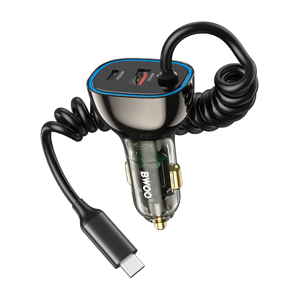 BWOO CC96C 30W PD car lādētājs 1x USB-C 1x USB port with USB-C kabelis pelēks