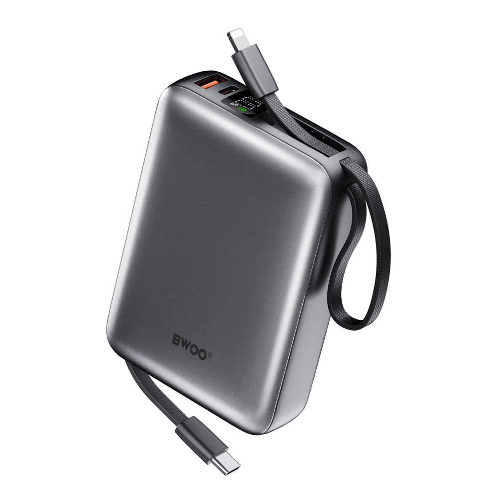 BWOO portatīvais lādētājs P73 22.5W 20000 mAh with 2 built-in cables 1 x USB-C 1 x Lightning melns