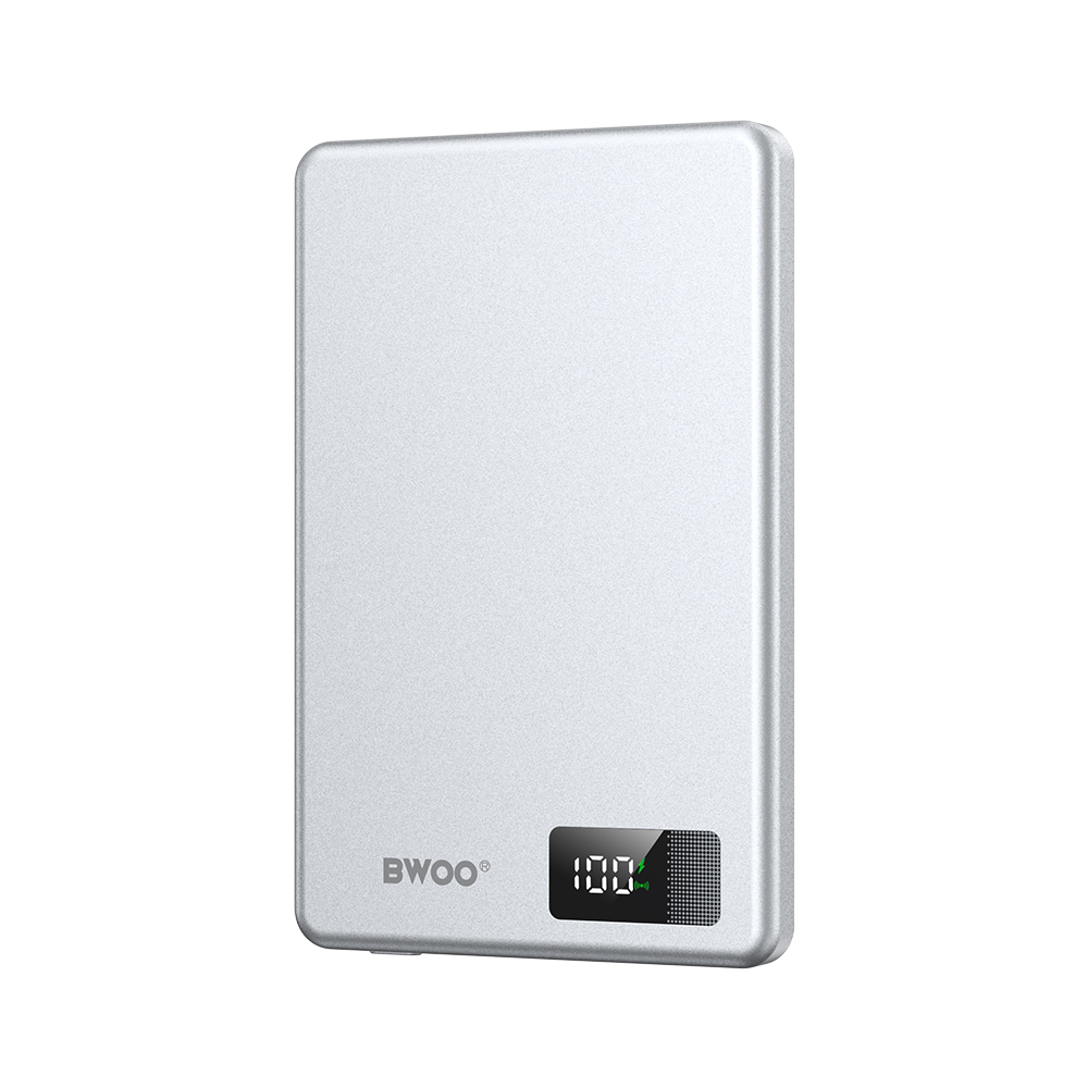 BWOO aluminium magnetic portatīvais lādētājs P75 PD 20W 5000 mAh with digital display and USB-C port sudraba
