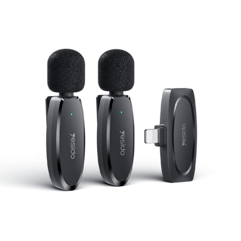 YESIDO KR14 MICROPHONE MEMS 2PCS WITH CLIP LIGHTNING BEZVADU 2,4GHz melns