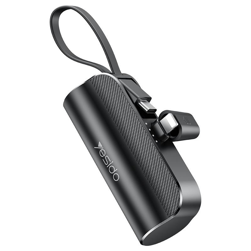 YESIDO POWERBANK YP68 5000 mAh 12W + USB-C KABELIS, LIGHTNING CONNECTOR melns