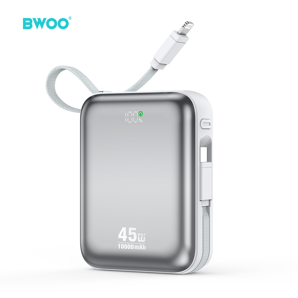 BWOO portatīvais lādētājs P77 45W, 10000 mAh with USB-C and Lightning kabelis, pelēks