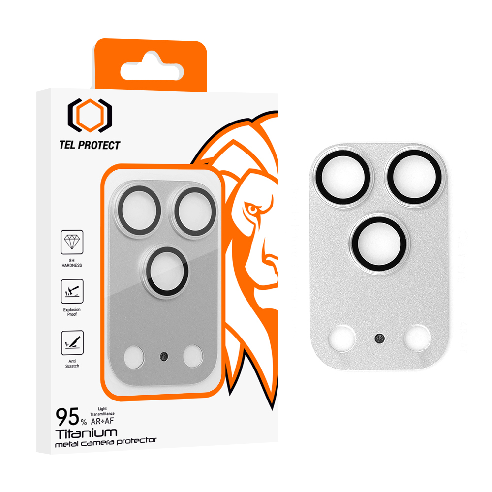 Tempered stikls Tel Protect 95% AR+AF Full Metal kameras aizsargs on camera for Iphone 17 Pro sudraba (camera island)