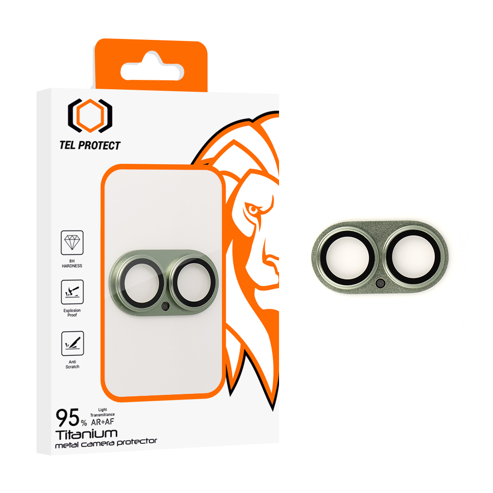 Tempered stikls Tel Protect 95% AR+AF Full Metal kameras aizsargs on camera for Iphone 17 zaļš (camera island)